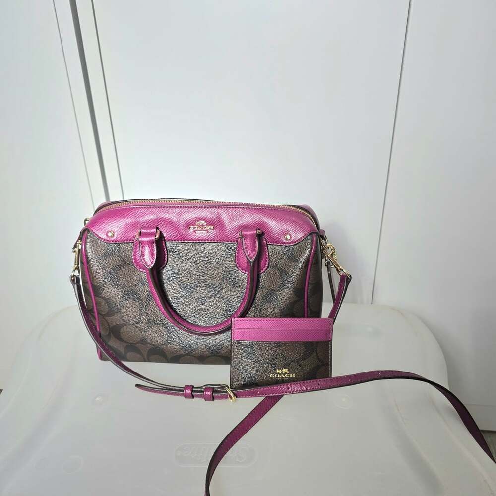 Coach Rowan Signature Coated Canvas Brown and Fuchsia Satchel and Cardholder Set